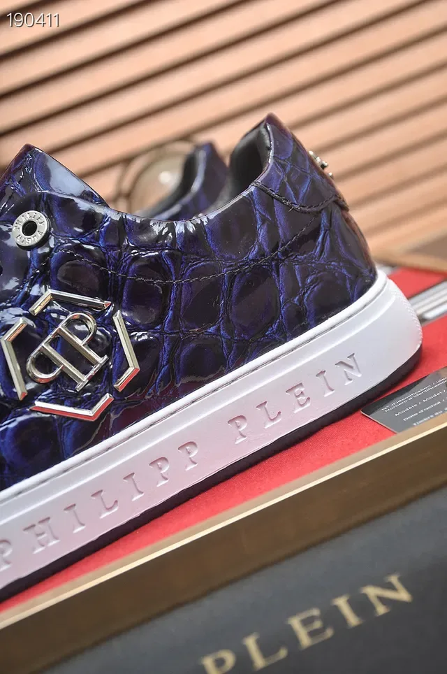 Philipp Plein Croc-Embossed أحذية رياضية أسلوب حياة زرقاء وبيضاء 4