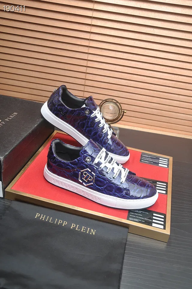 Philipp Plein Croc-Embossed أحذية رياضية أسلوب حياة زرقاء وبيضاء 6