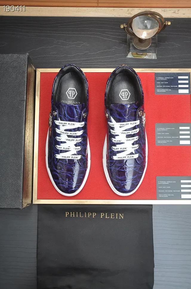 Philipp Plein Croc-Embossed أحذية رياضية أسلوب حياة زرقاء وبيضاء 7