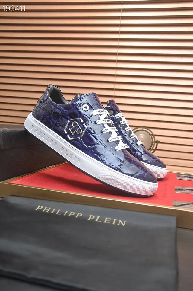 Philipp Plein Croc-Embossed أحذية رياضية أسلوب حياة زرقاء وبيضاء 8