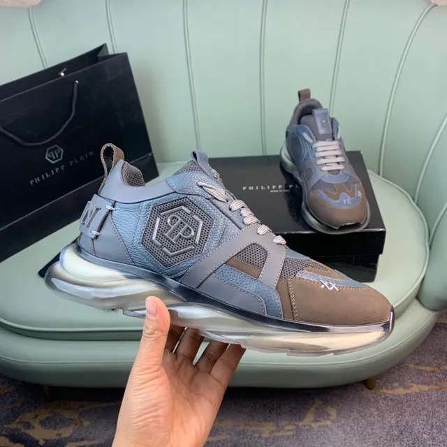 Philipp Plein Flame Brown Blue Chaussures chunky multi-panneaux cuir et maille avec détail logo crâne 4