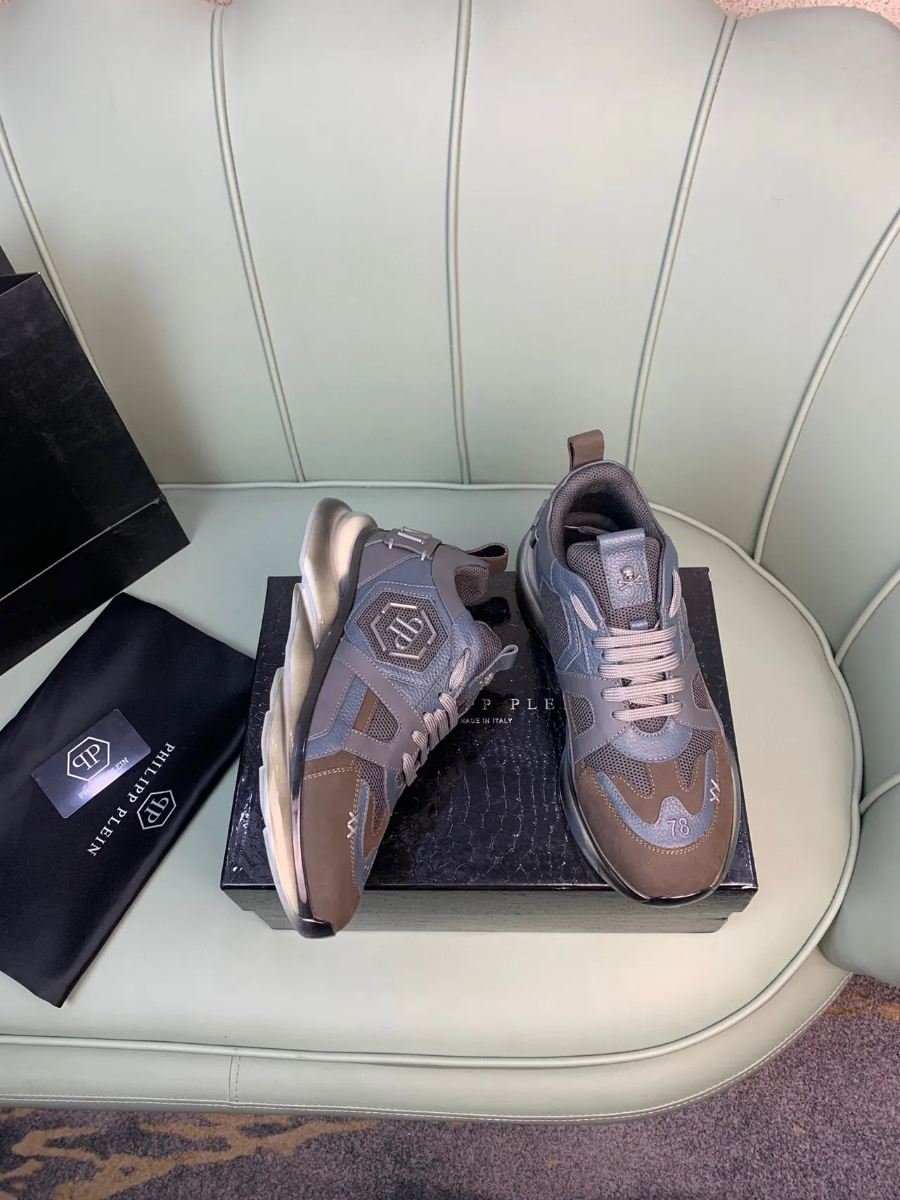 Philipp Plein Flame Brown Blue Chaussures chunky multi-panneaux cuir et maille avec détail logo crâne 5
