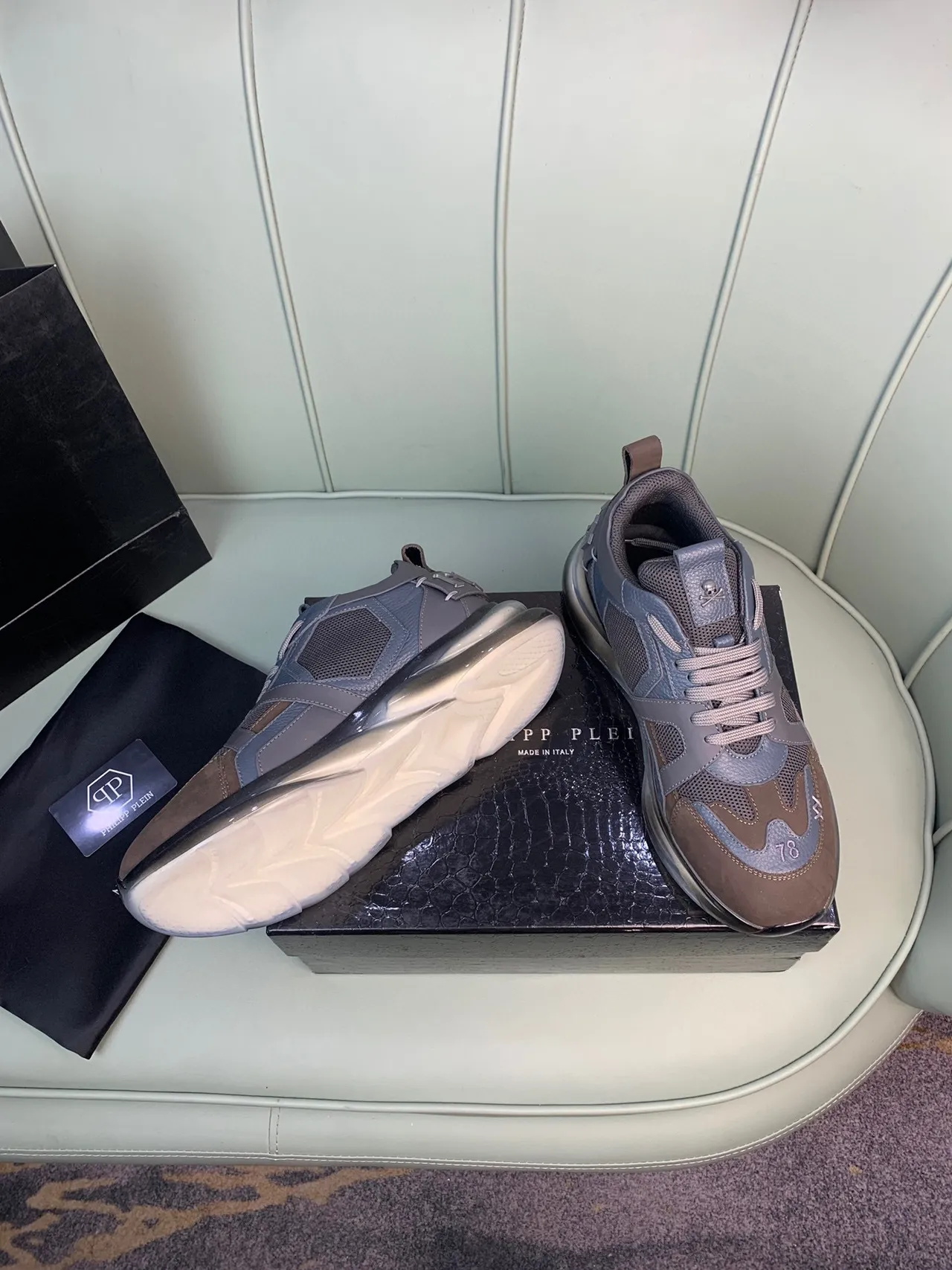 Philipp Plein Flame Brown Blue Chaussures chunky multi-panneaux cuir et maille avec détail logo crâne 7