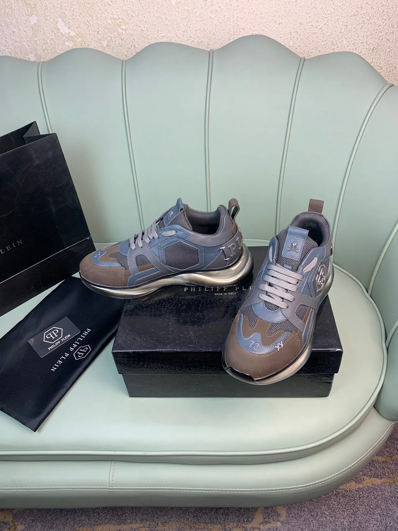 Philipp Plein Flame Brown Blue Chaussures chunky multi-panneaux cuir et maille avec détail logo crâne 8