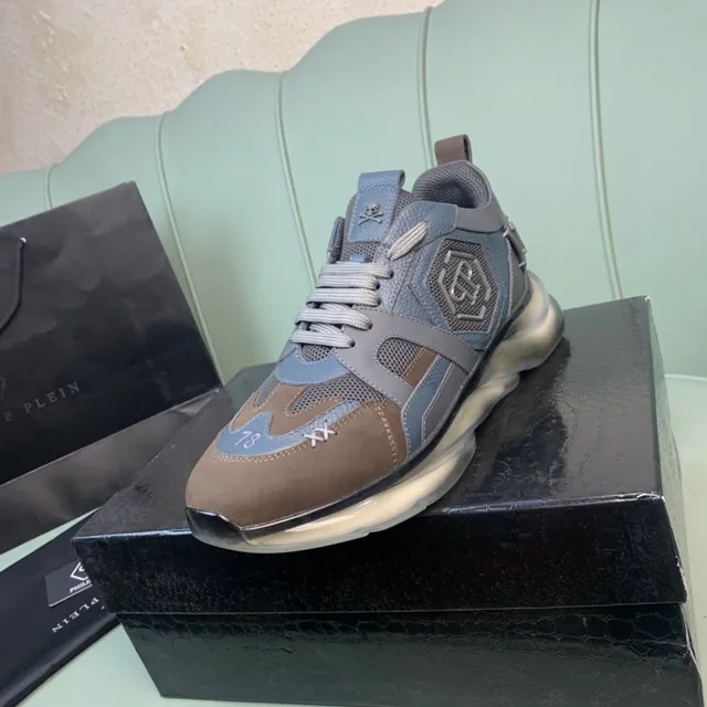 Philipp Plein Flame Brown Blue Chaussures chunky multi-panneaux cuir et maille avec détail logo crâne 9