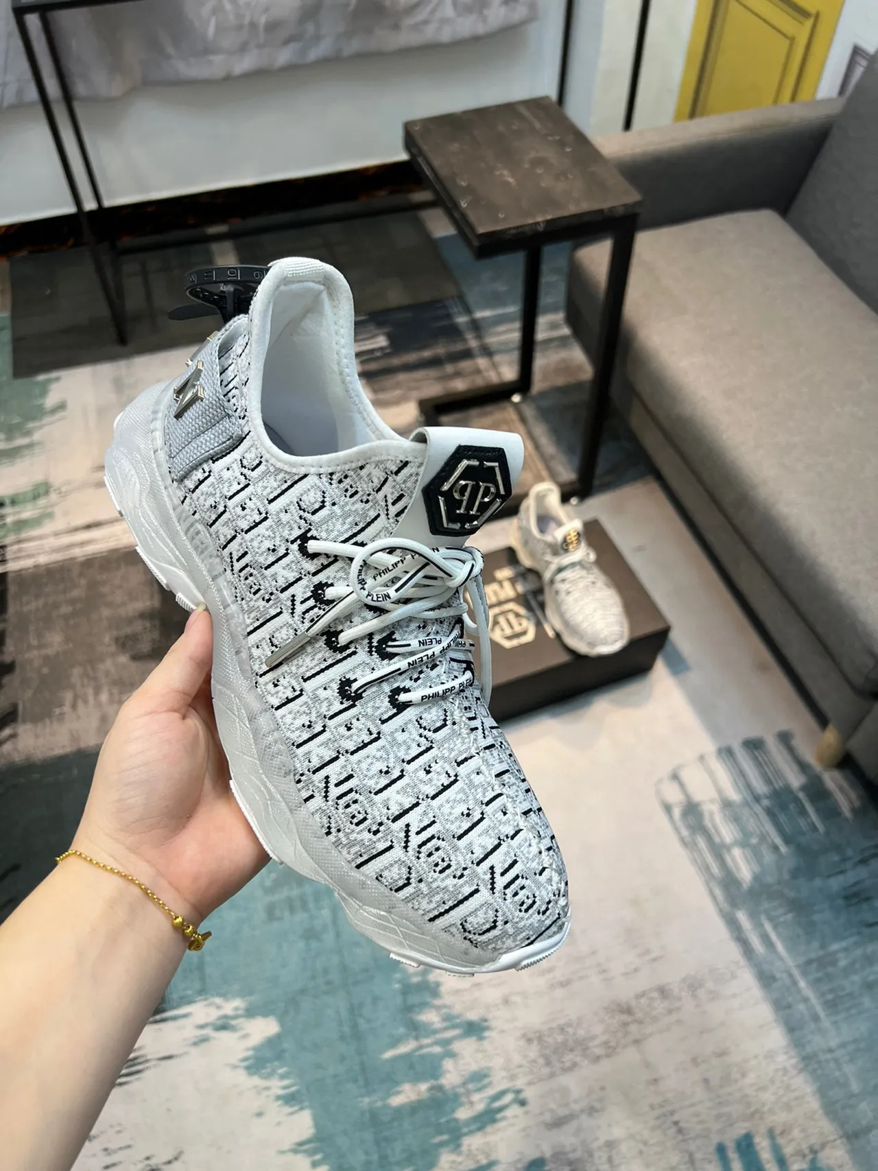 Philipp Plein Cinza Preto Tricô Monograma Superior Sola Translucida Tênis Chunky 3