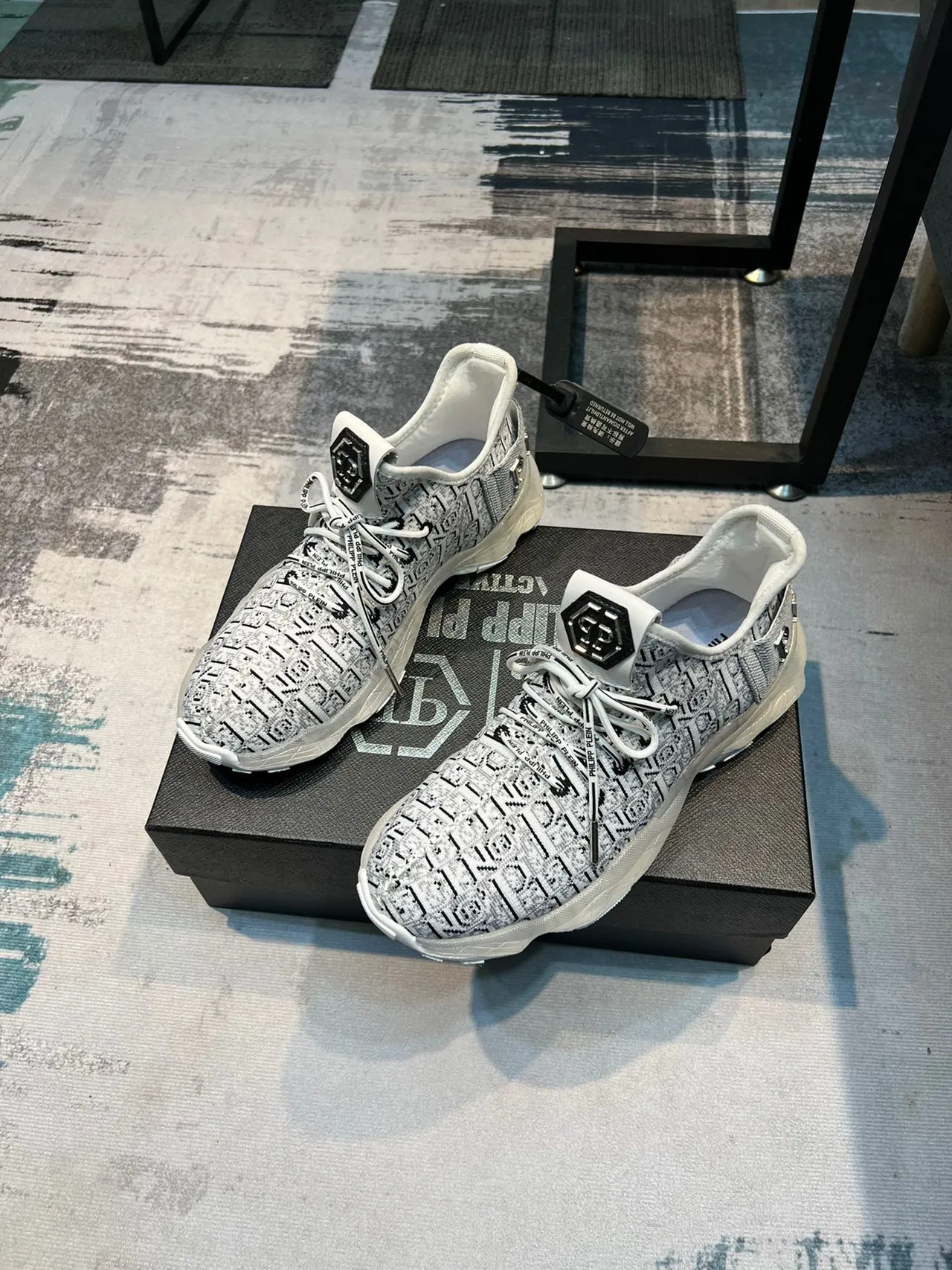 Philipp Plein Cinza Preto Tricô Monograma Superior Sola Translucida Tênis Chunky 5