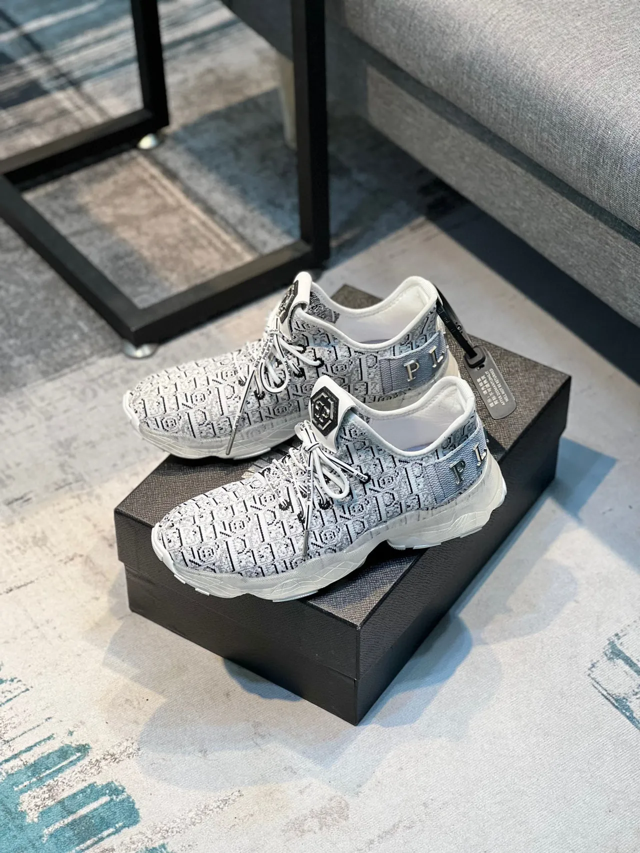 Philipp Plein Cinza Preto Tricô Monograma Superior Sola Translucida Tênis Chunky 6