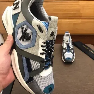Philipp Plein Gray Blue Sole Layered Leather-Mesh Construction Chunky Sneakers