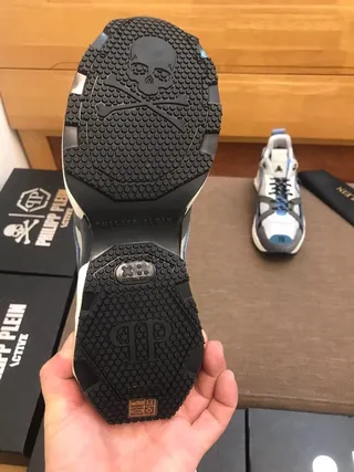 Philipp Plein Sola Cinza Azul Construção Em Camadas De Couro-Mesh Sneakers Chunky 2