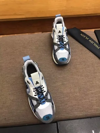 Philipp Plein Sola Cinza Azul Construção Em Camadas De Couro-Mesh Sneakers Chunky 4
