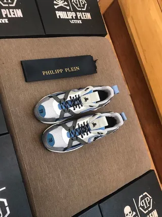 Philipp Plein Sola Cinza Azul Construção Em Camadas De Couro-Mesh Sneakers Chunky 5