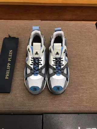Philipp Plein Sola Cinza Azul Construção Em Camadas De Couro-Mesh Sneakers Chunky 7