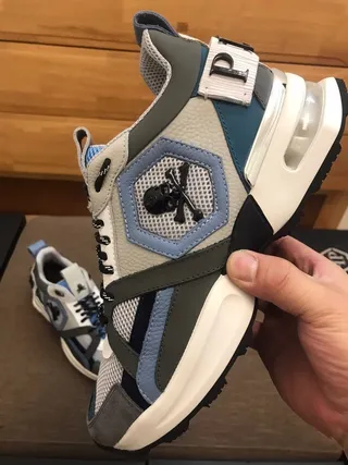Philipp Plein Sola Cinza Azul Construção Em Camadas De Couro-Mesh Sneakers Chunky 8