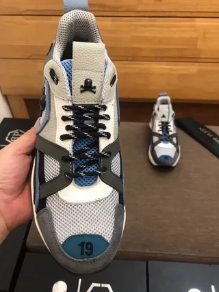 Philipp Plein Sola Cinza Azul Construção Em Camadas De Couro-Mesh Sneakers Chunky 9