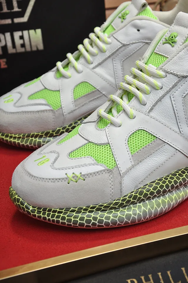 Philipp Plein Sneakers Chunky Gris Vert Semelle Nid d'Abeille Empeigne Cuir-Maille en Couches 3