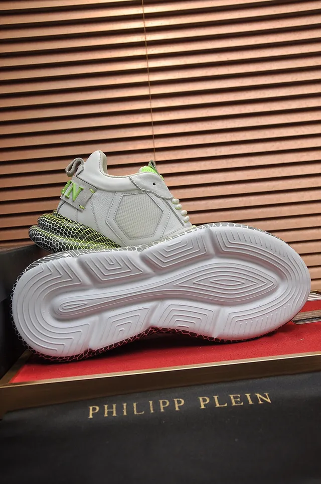 Philipp Plein Sneakers Chunky Gris Vert Semelle Nid d'Abeille Empeigne Cuir-Maille en Couches 4