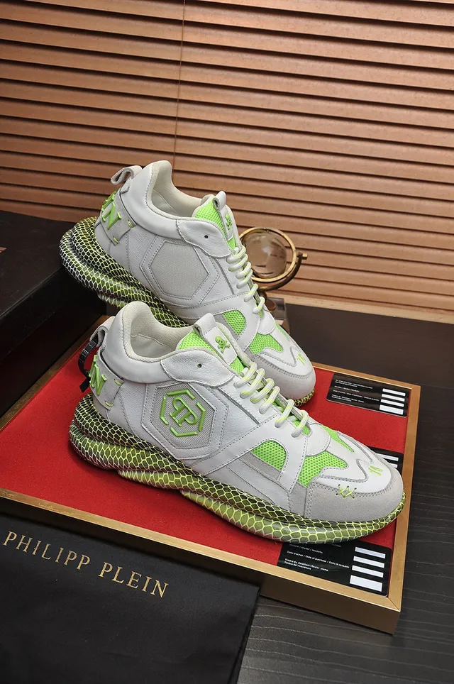 Philipp Plein Sneakers Chunky Gris Vert Semelle Nid d'Abeille Empeigne Cuir-Maille en Couches 5