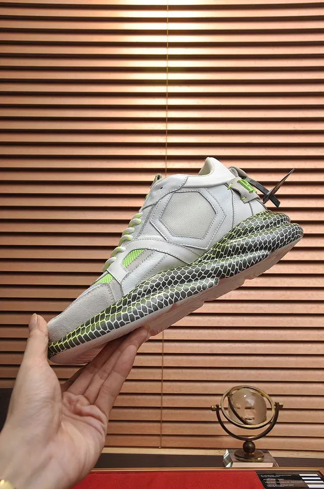 Philipp Plein Sneakers Chunky Gris Vert Semelle Nid d'Abeille Empeigne Cuir-Maille en Couches 6