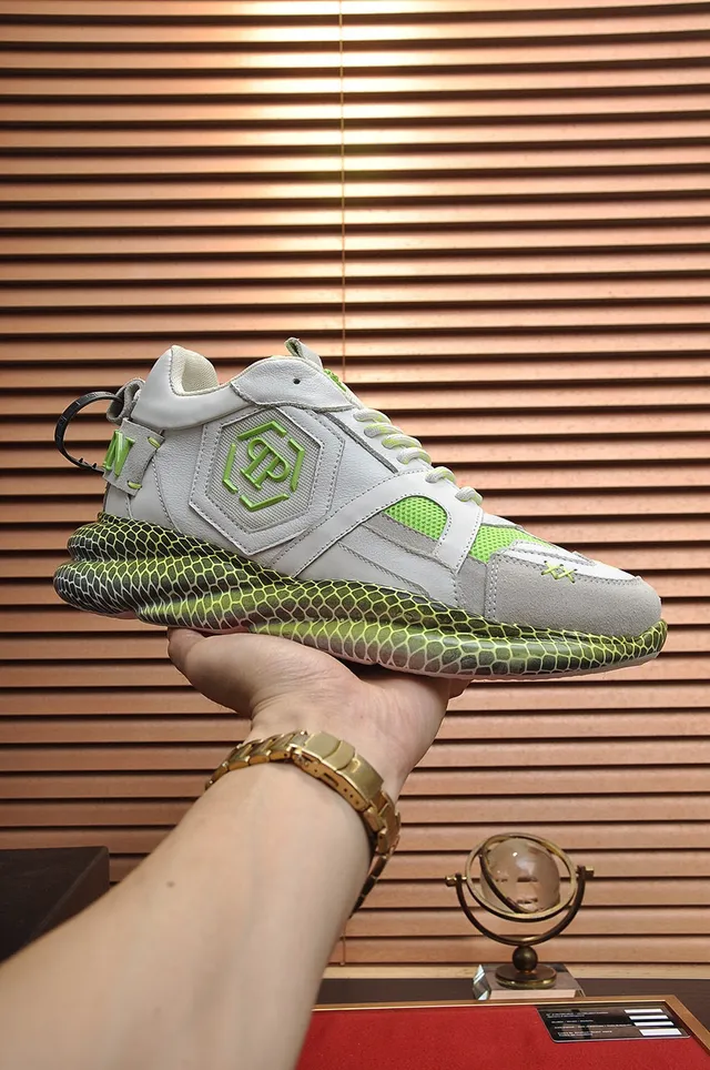 Philipp Plein Sneakers Chunky Gris Vert Semelle Nid d'Abeille Empeigne Cuir-Maille en Couches 7