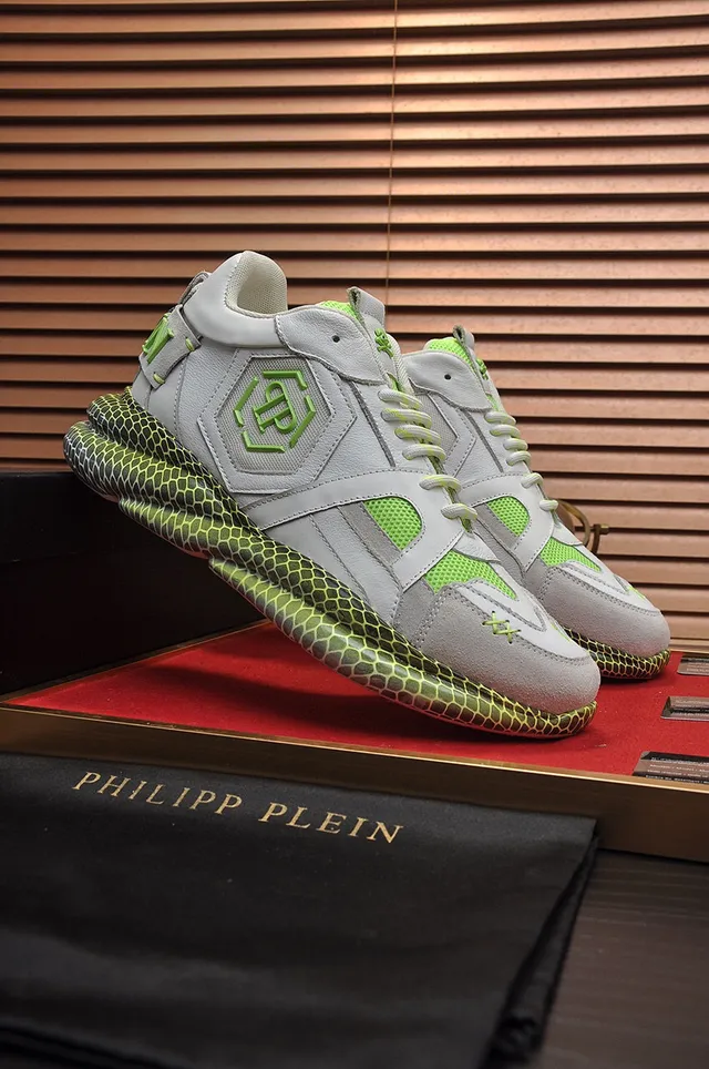Philipp Plein Sneakers Chunky Gris Vert Semelle Nid d'Abeille Empeigne Cuir-Maille en Couches 8