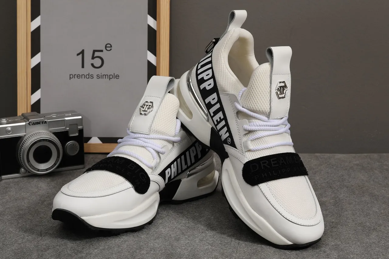 Philipp Plein Nitrogen كعب أبيض أسود حزام فيلكرو مزدوج حذاء رياضي كاجوال سميك 4