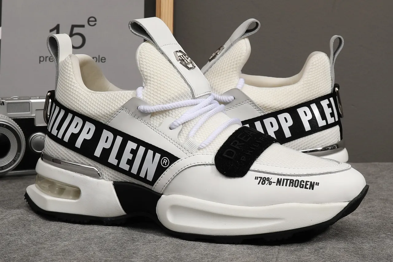 Philipp Plein Nitrogen كعب أبيض أسود حزام فيلكرو مزدوج حذاء رياضي كاجوال سميك 5