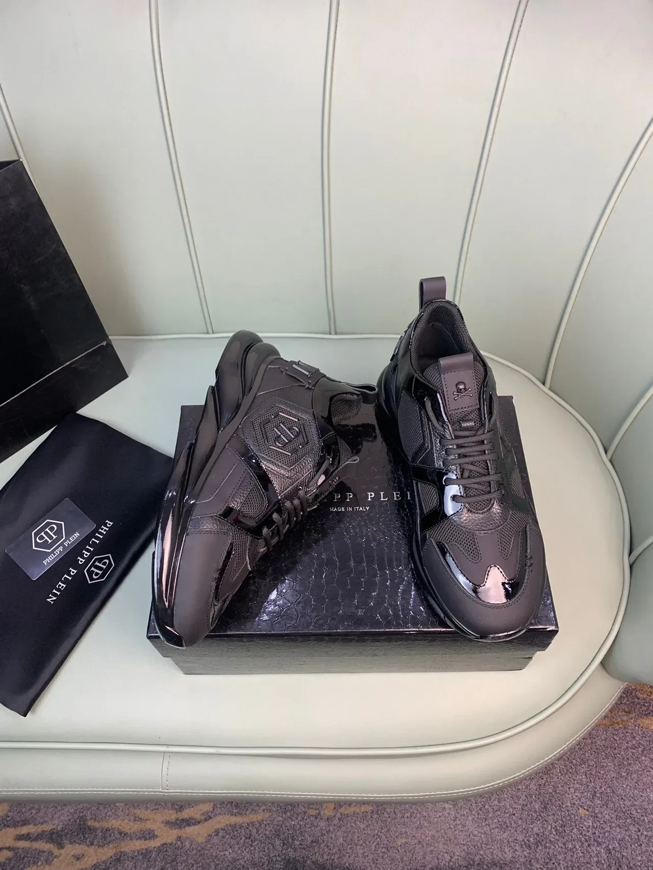Philipp Plein Skull Detail Black Patent and Mesh Lifestyle Sneakers 6