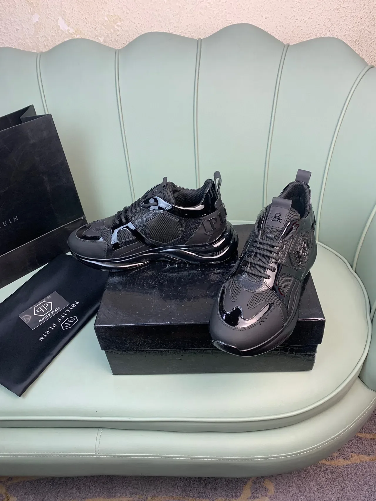 Philipp Plein Skull Detail Black Patent and Mesh Lifestyle Sneakers 8