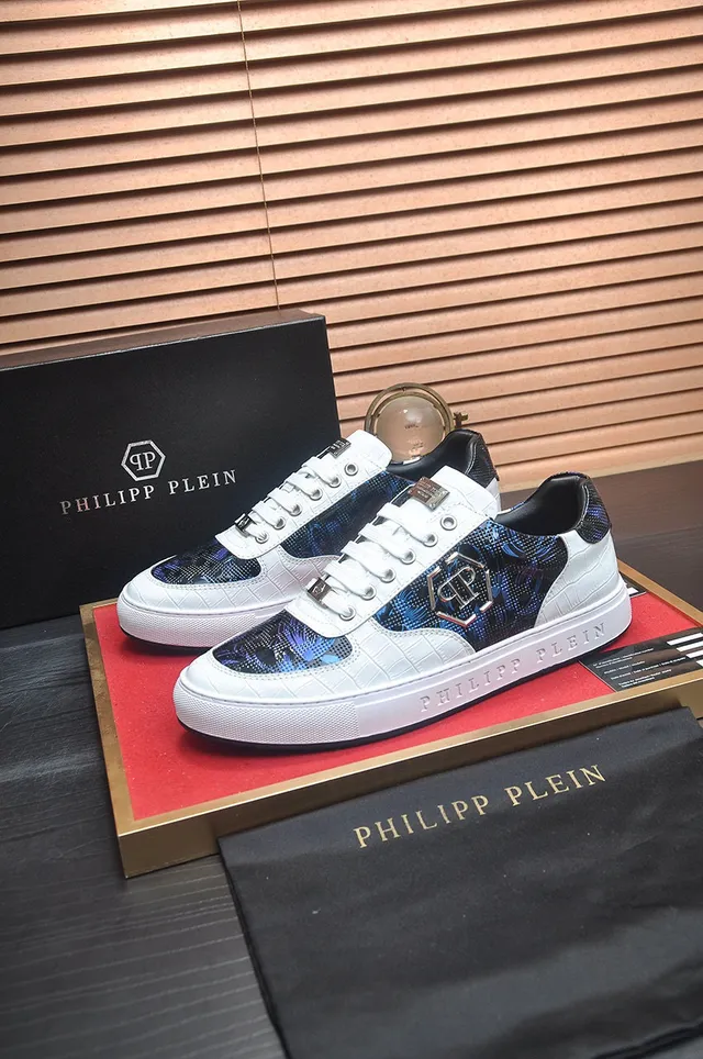 Philipp Plein Sneakers Lifestyle Blanc Bleu en Cuir Embossé Crocodile avec Panneau Camo Digital 3