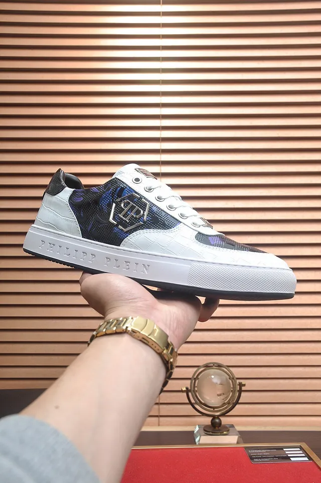 Philipp Plein Sneakers Lifestyle Blanc Bleu en Cuir Embossé Crocodile avec Panneau Camo Digital 4