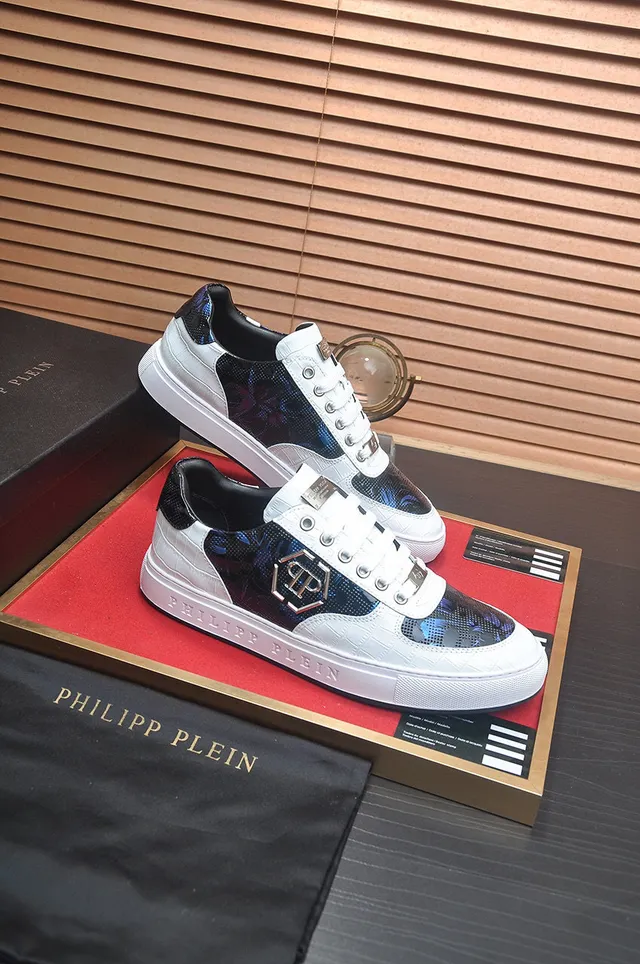 Philipp Plein Sneakers Lifestyle Blanc Bleu en Cuir Embossé Crocodile avec Panneau Camo Digital 6
