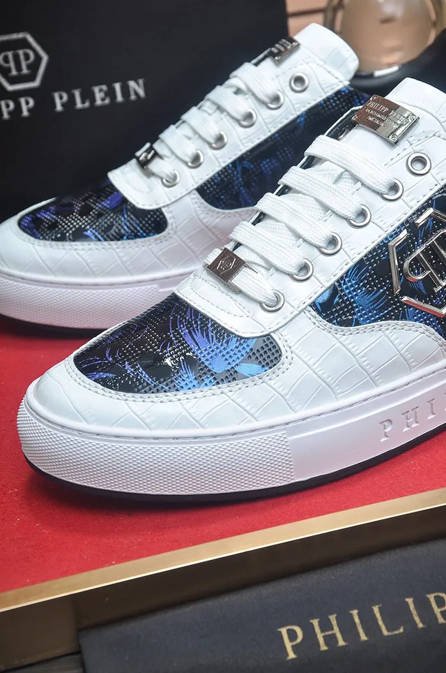 Philipp Plein Sneakers Lifestyle Blanc Bleu en Cuir Embossé Crocodile avec Panneau Camo Digital 8