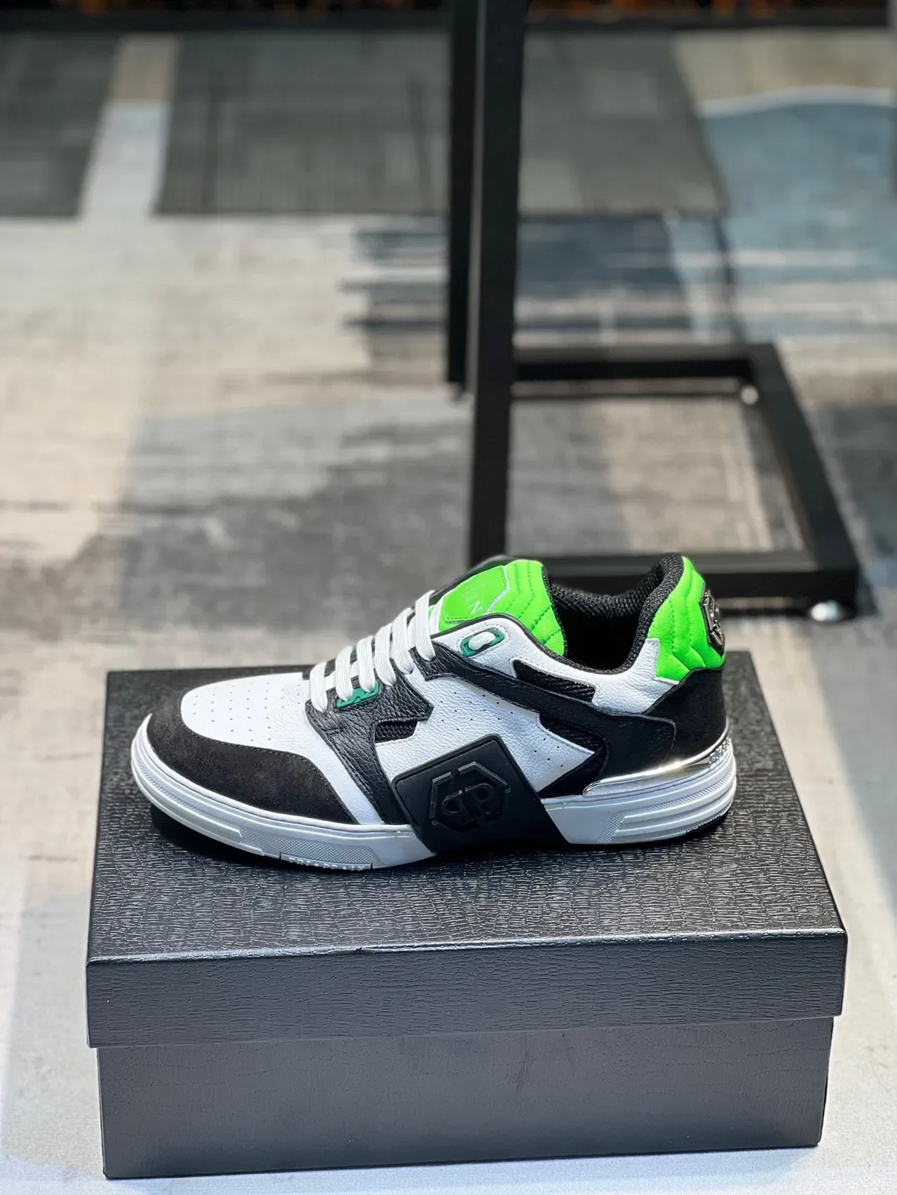 Philipp Plein White Green Low-Top Mixed-Material Sneakers 2