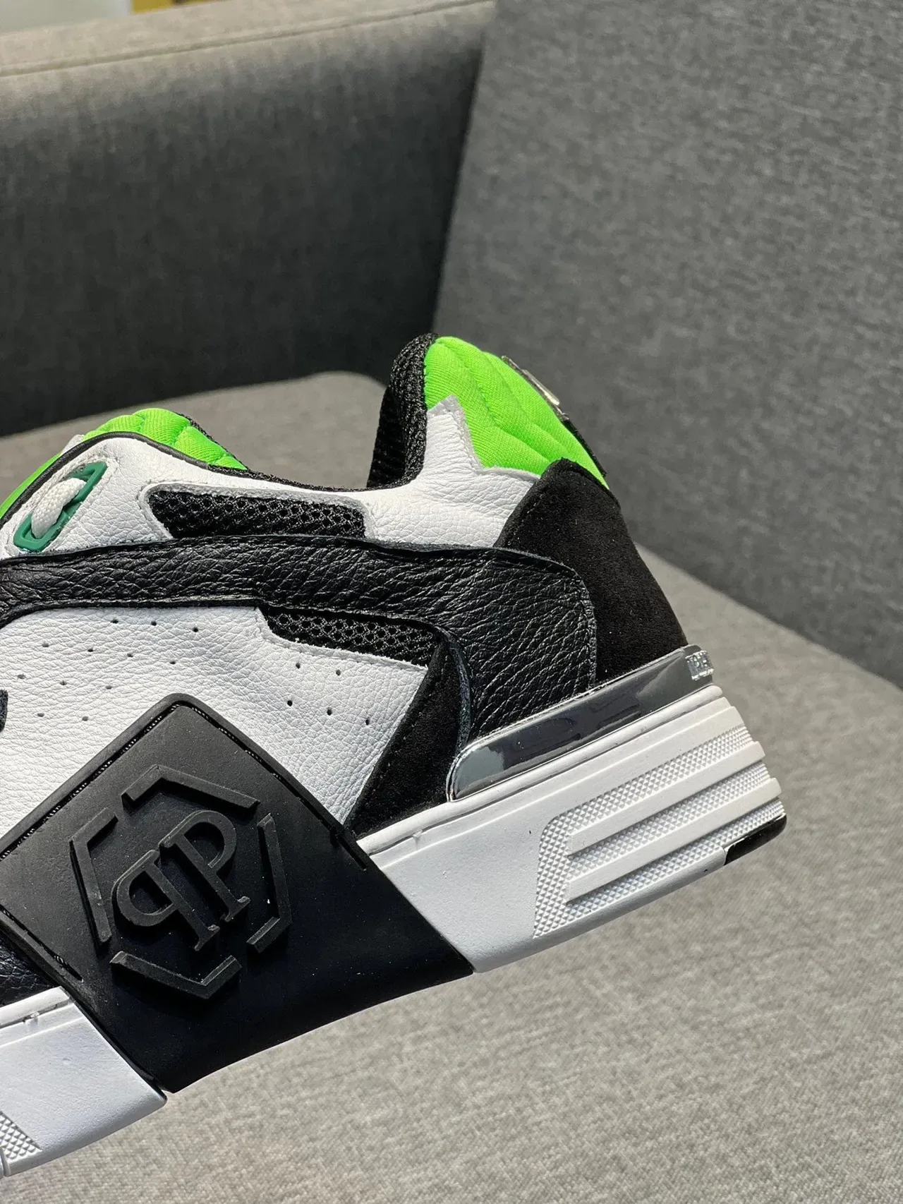 Philipp Plein White Green Low-Top Mixed-Material Sneakers 4