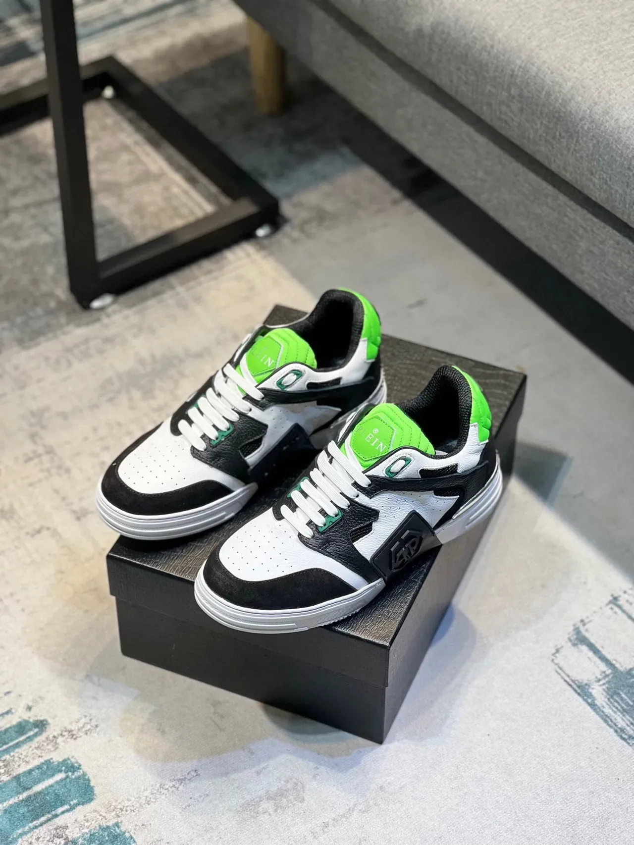 Philipp Plein White Green Low-Top Mixed-Material Sneakers 5