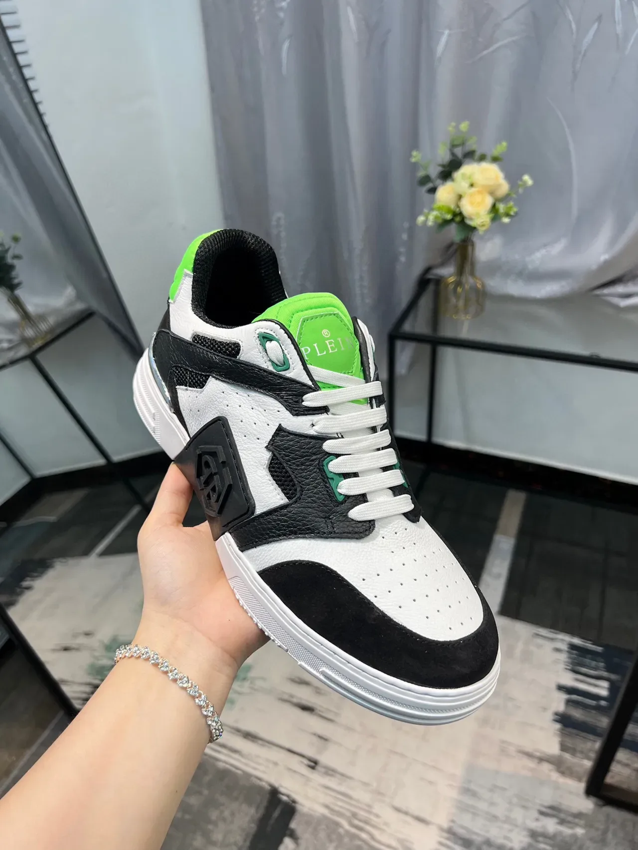 Philipp Plein White Green Low-Top Mixed-Material Sneakers 6