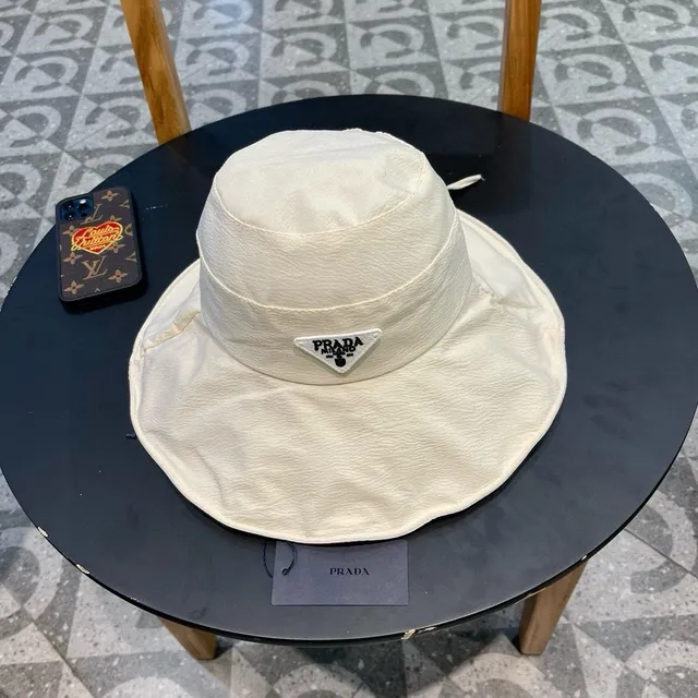 Prada Beige Black Structured Wide Brim Textured Off-White Fabric Bucket Hat 2