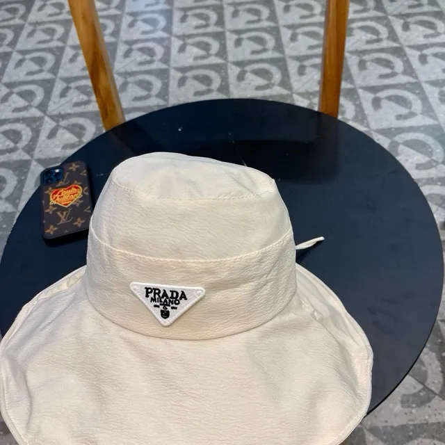 Prada Beige Black Structured Wide Brim Textured Off-White Fabric Bucket Hat 5