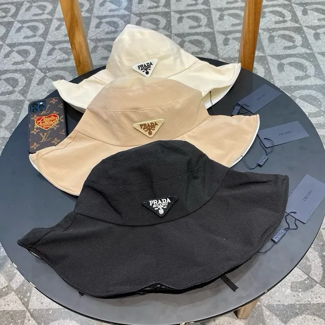Prada Beige Black Structured Wide Brim Textured Off-White Fabric Bucket Hat 6