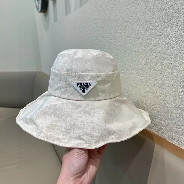 Prada Beige Black Structured Wide Brim Textured Off-White Fabric Bucket Hat 8