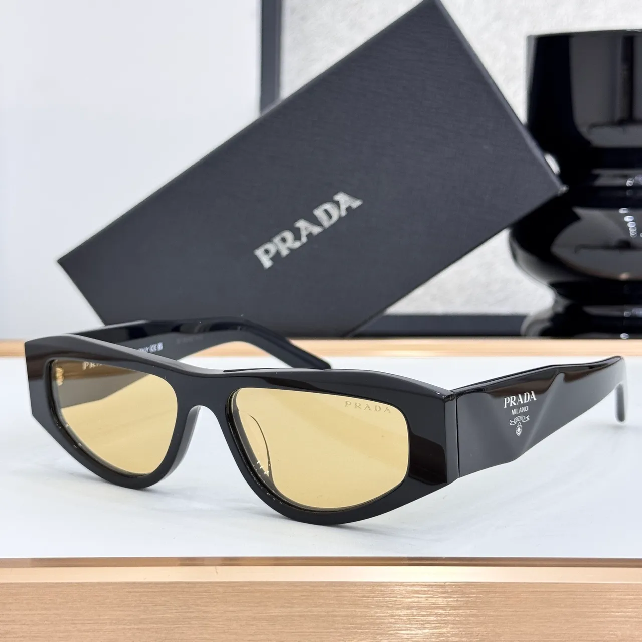 Prada Black Geometric Shield Frame Faceted Temple Detailing Sunglasses 4