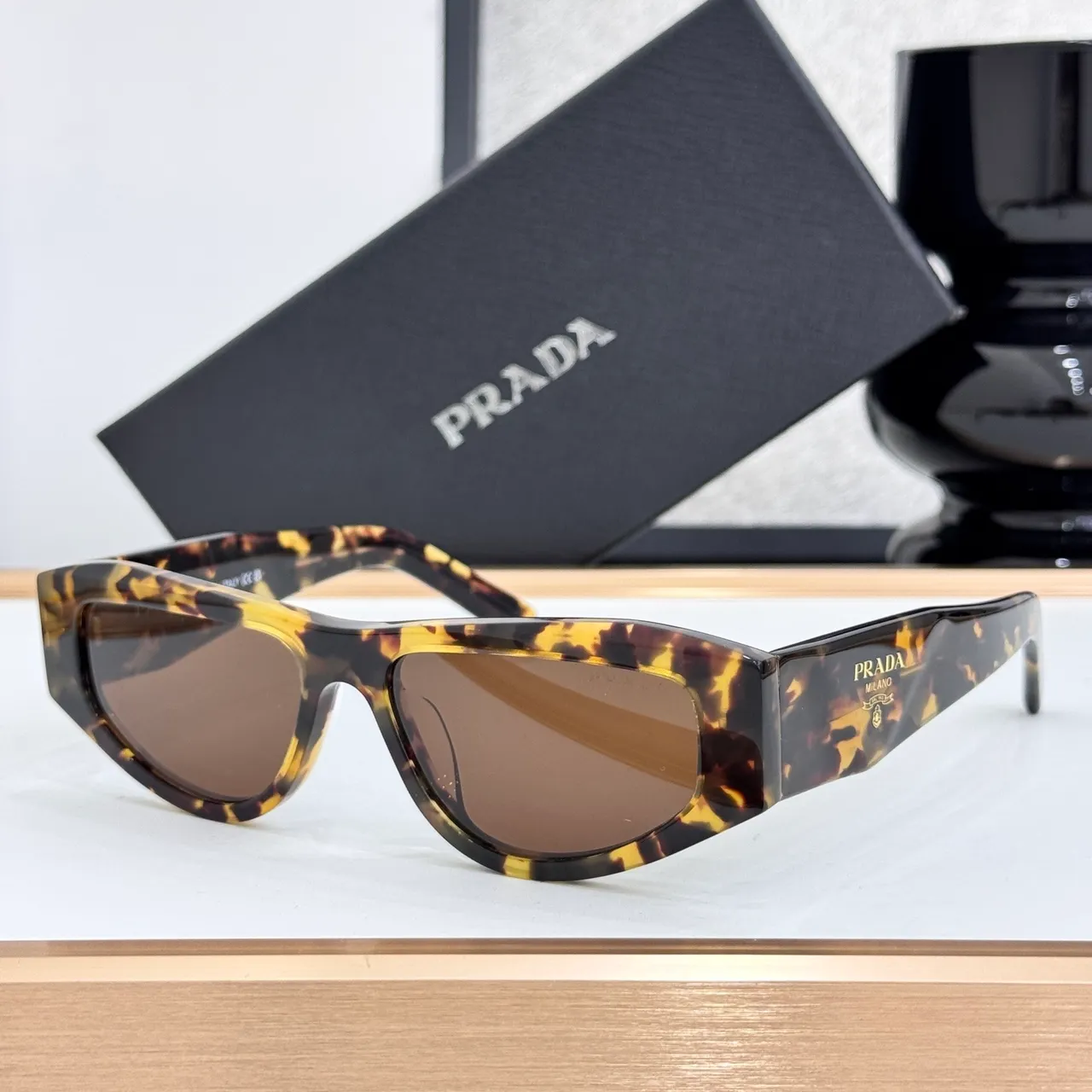 Prada Black Geometric Shield Frame Faceted Temple Detailing Sunglasses 5
