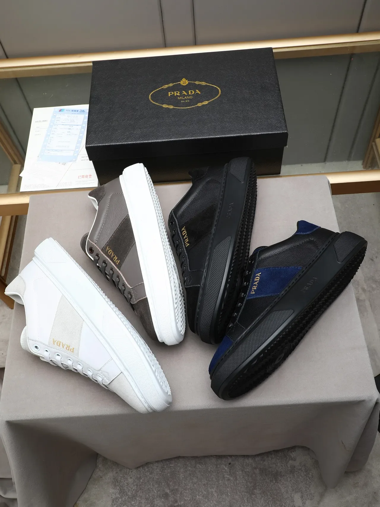 Prada Black Gold Leather And Suede Paneling Stripe Lifestyle Sneakers 2