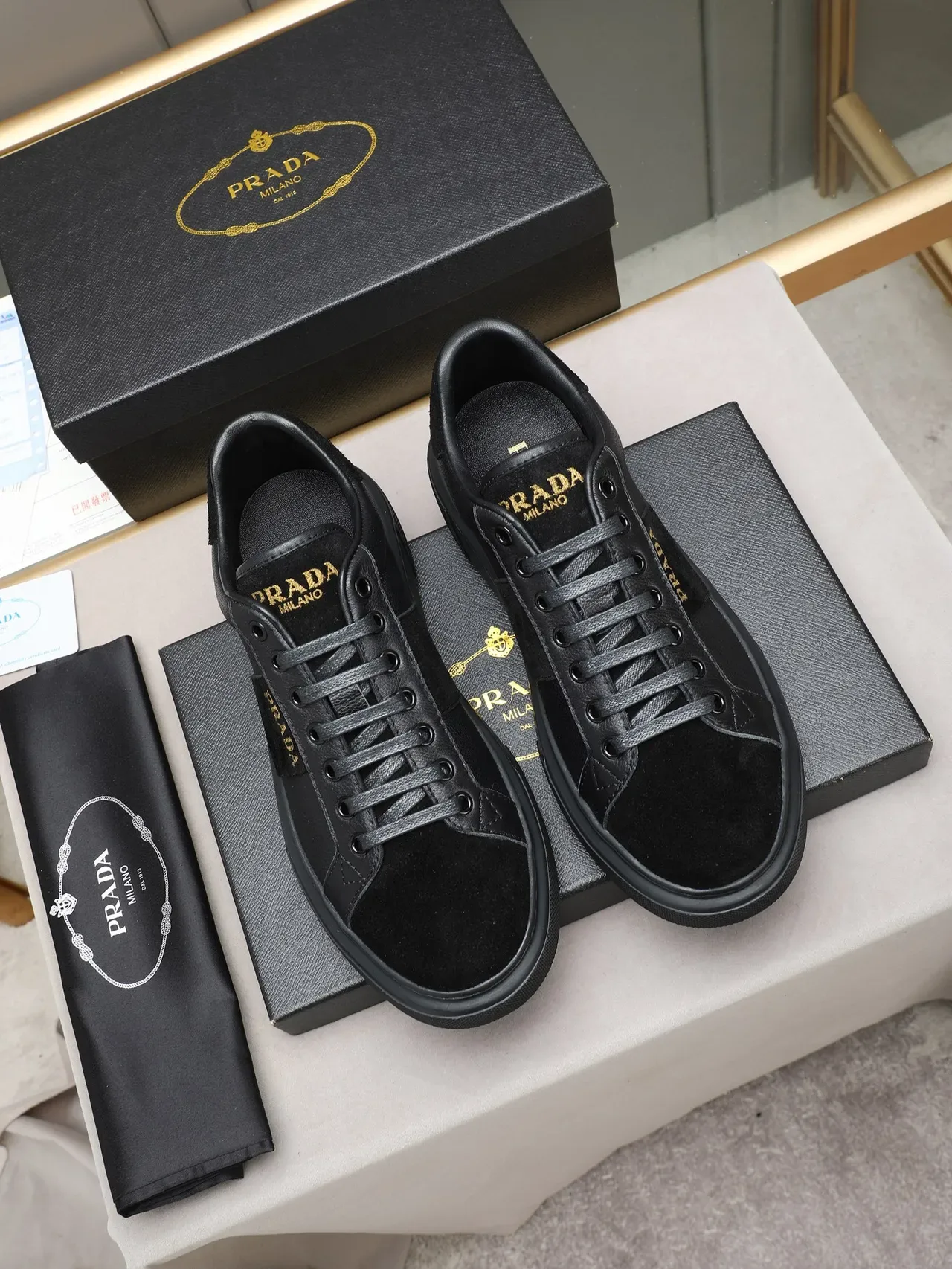 Prada Black Gold Leather And Suede Paneling Stripe Lifestyle Sneakers 3