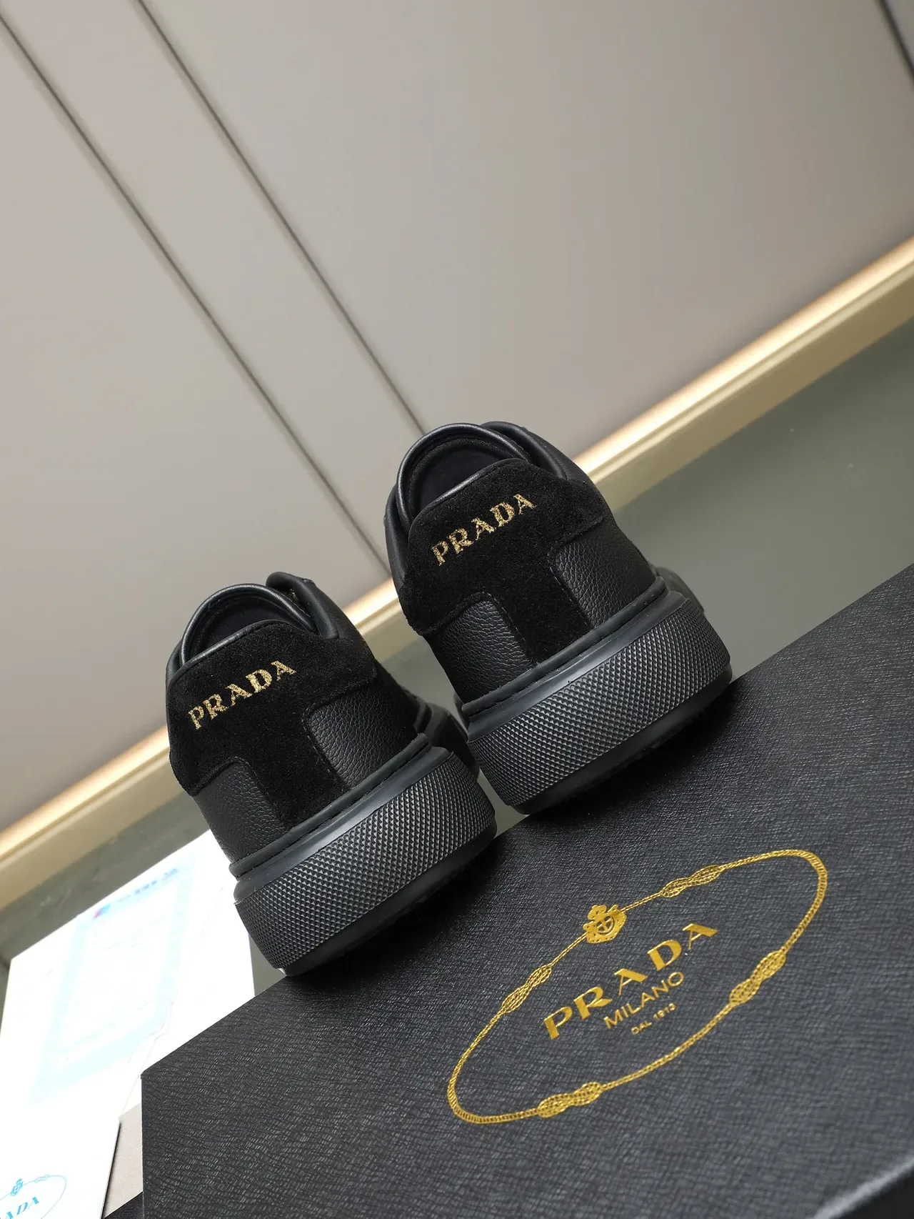 Prada Black Gold Leather And Suede Paneling Stripe Lifestyle Sneakers 4