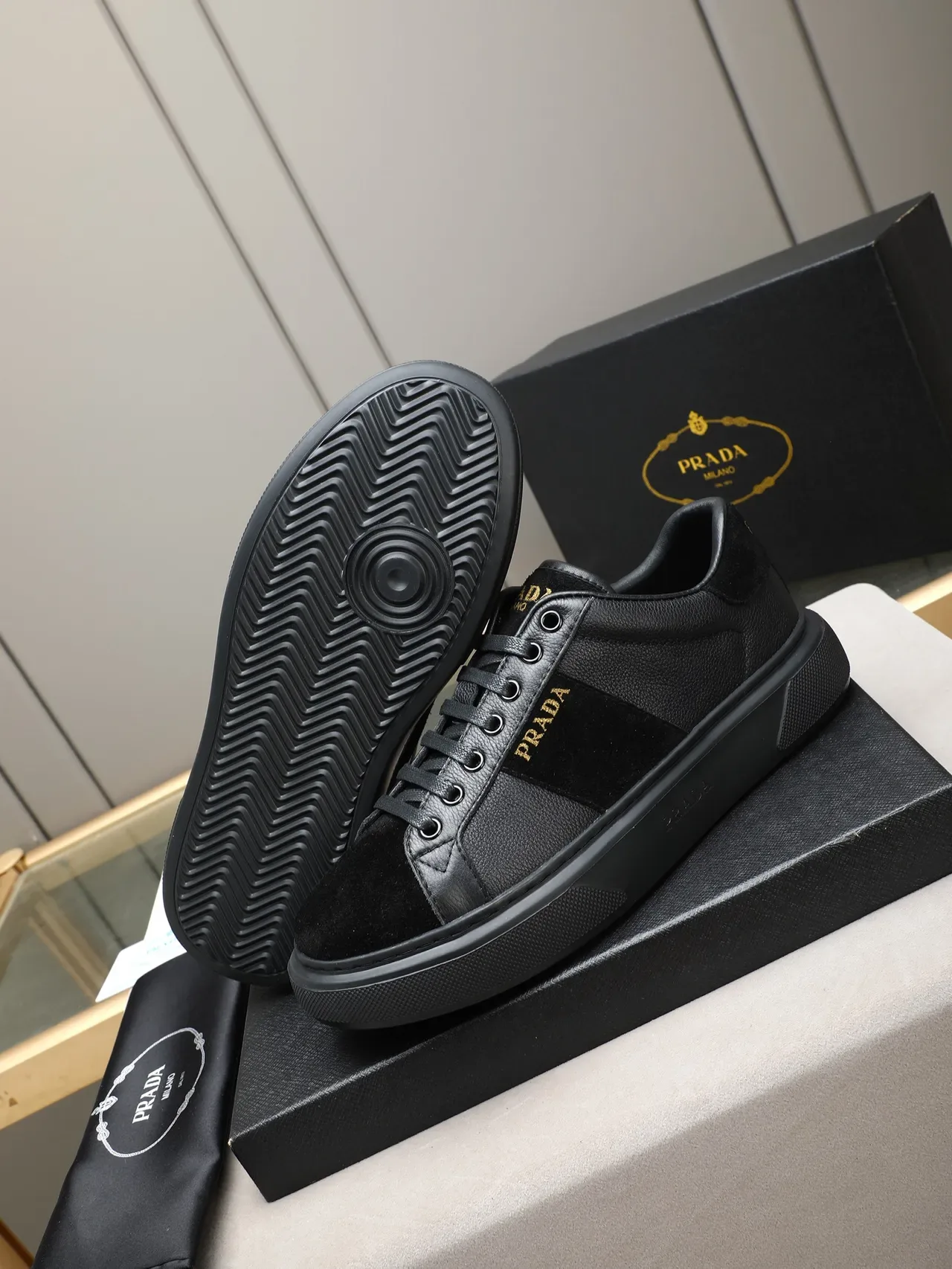 Prada Black Gold Leather And Suede Paneling Stripe Lifestyle Sneakers 5
