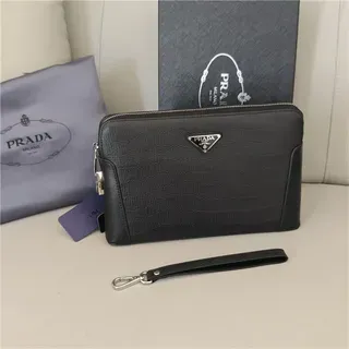 Prada Black Silver Crocodile-Embossed Leather Zip-Top Closure Wristlet