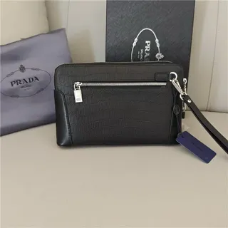 Prada Noir Argent Cuir Embossé Crocodile Fermeture Éclair Supérieure Poignet 9