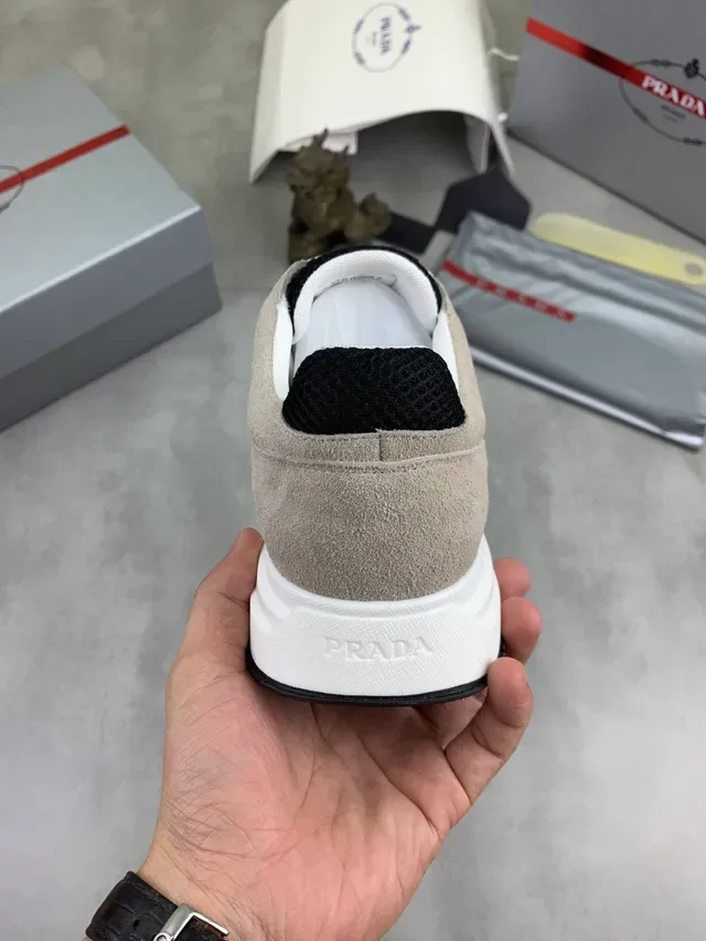 Prada Cloudbust Beige Black Suede And Mesh Paneling Triangular Metal Logo Plaque Lifestyle Sneakers 3